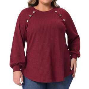 Plus Size Casual Long Sleeve Crew Neck Ribbed Knit Pullover Blouse Burgundy